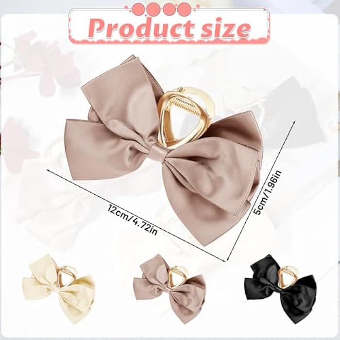 ElevateTech Metal Bow Claw Clip for Women, 3 Pcs Satin Bow Hair Clips Big cute Hair Bows Clips Non Slip Claw Clip with Knots for Thick and Thin Hair (Black/White/Khaki) - Image 2